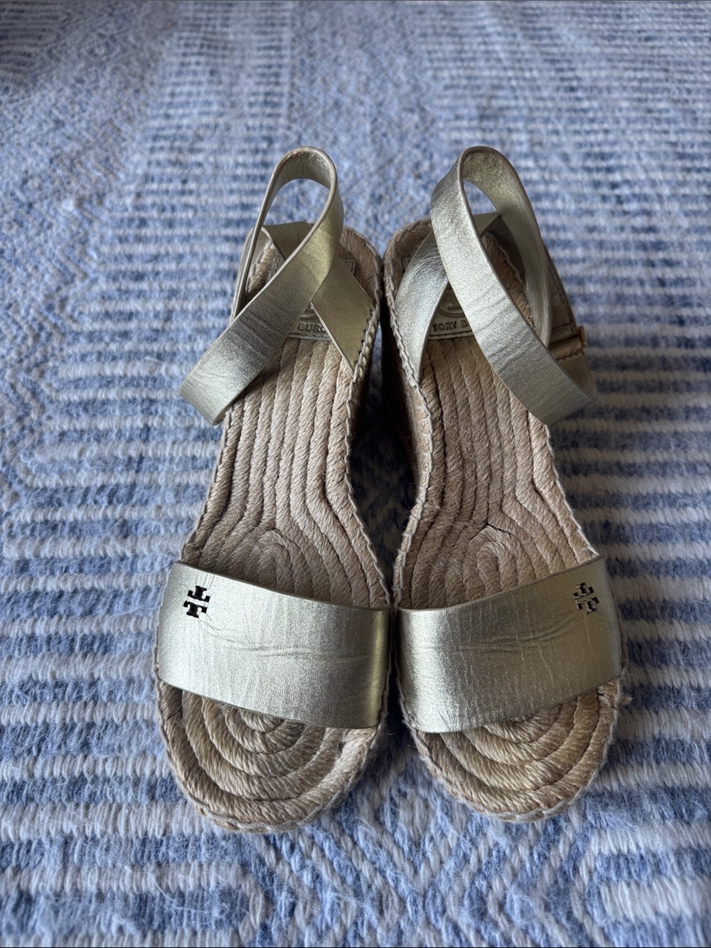 Tory Burch Metallic Gold Espadrille Wedges with Ankle Strap